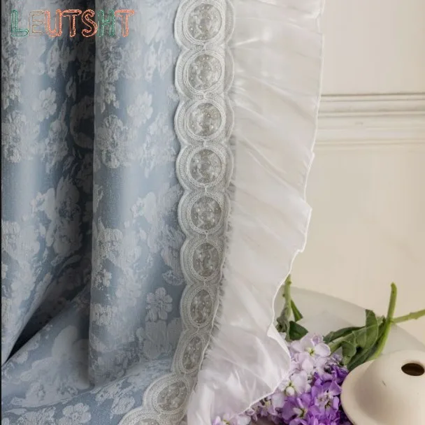 Customized Size Blue Bedroom Chenille Thickened Curtains for Livbing Room Light Luxury American Curtain Fabric