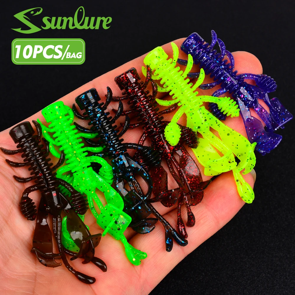 Sunlure Floating Tentacle Shrimp Bait Artificial Silicone Soft Bait 8CM Ribbed Swing Swimming Bait 10PCS/Bag Bass Trout Lures