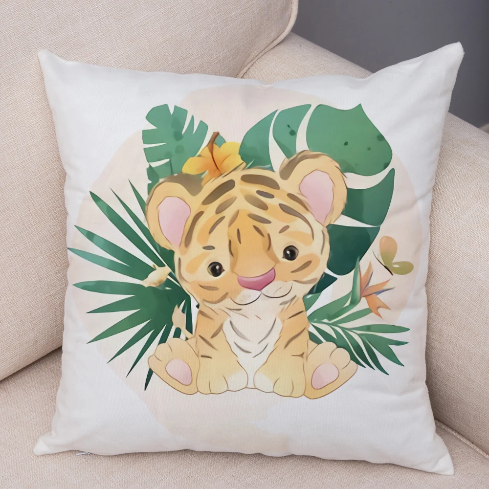 Tropical Leaf Fox Lion Pillow Case Decor Nordic Cute Cartoon Animal Monkey Plush Cushion Cover for Sofa Child Room Pillowcase