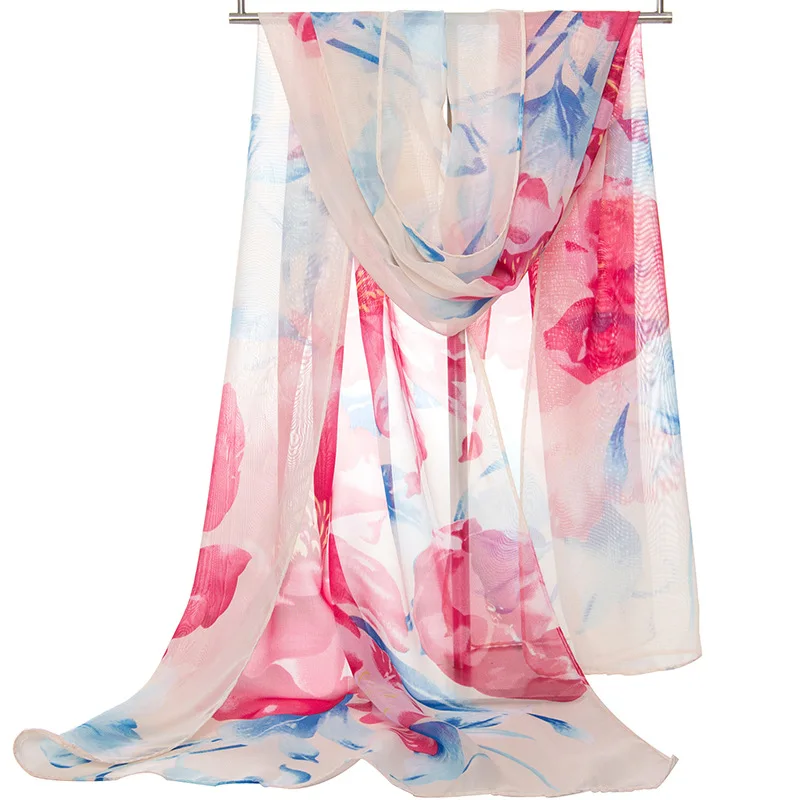 Hanxi 150*50cm macio chiffon impressão floral lenço de seda verão feminino praia envoltório