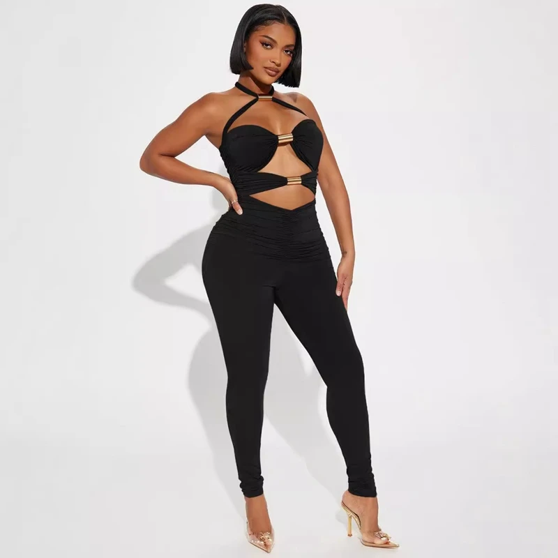 

STYLISH LADY Metal Tube Black Jumpsuits 2025 Autumn Women Halter Hollow Out Backless Bodycon Sexy Club Party Street Overalls