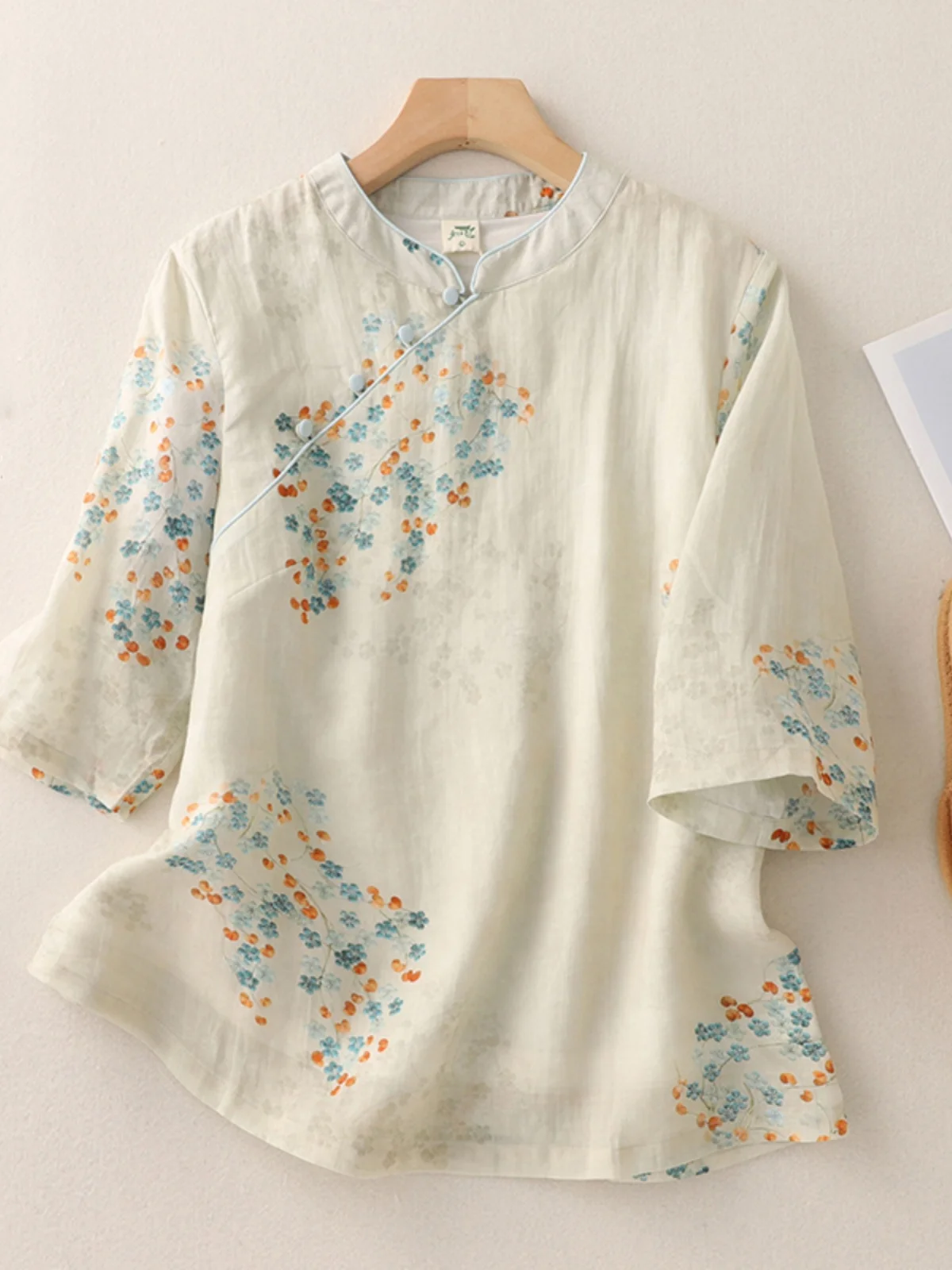 جديد الصينية Sle المرأة القطن الكتان ort Sve irt الصيف خفيفة الوزن Zen Iuence طباعة الرجعية حفل الشاي الأعلى #1