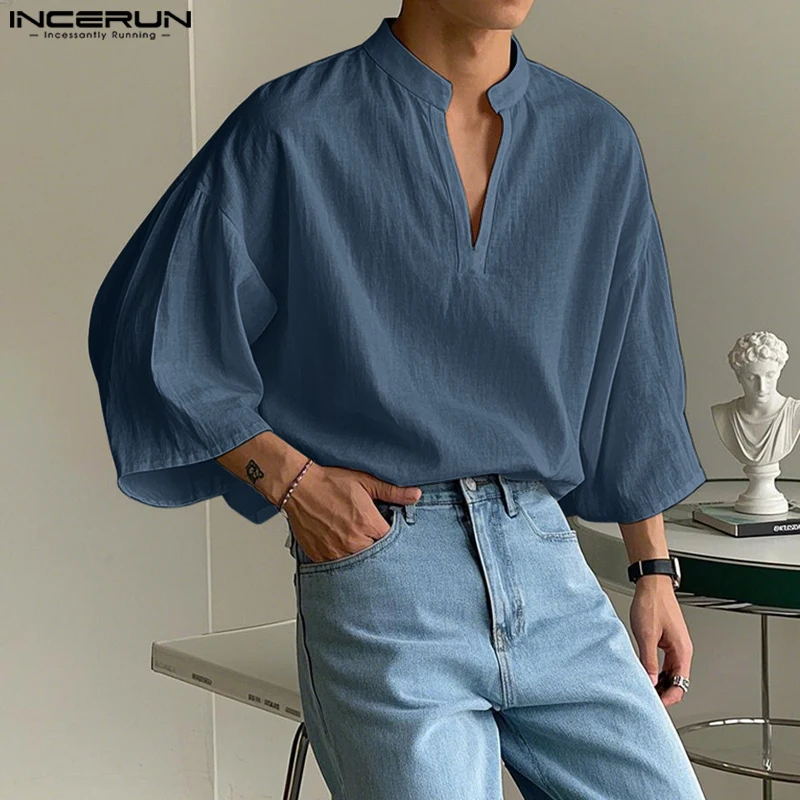 INCERUN Tops 2025 Korean Style Fashion Men's Stand Neck Three-quarters Sleeve Design Shirt Casual Streetwear Solid Simple Blouse