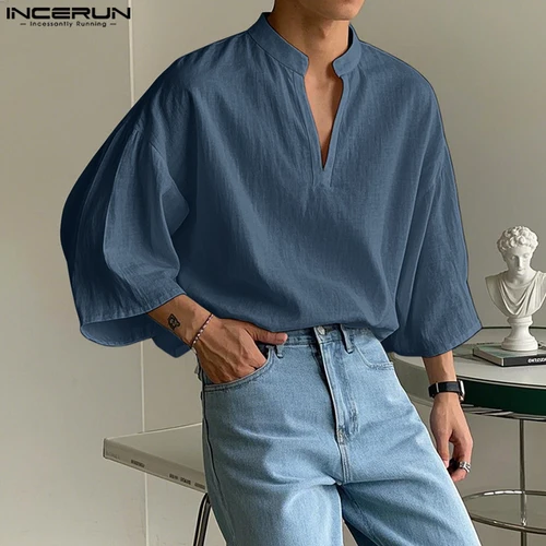 Imagen 2 del producto INCERUN Tops 2025 estilo coreano moda hombres cuello alto manga tres cuartos diseño camisa Casual ropa de calle blusa Simple sólida