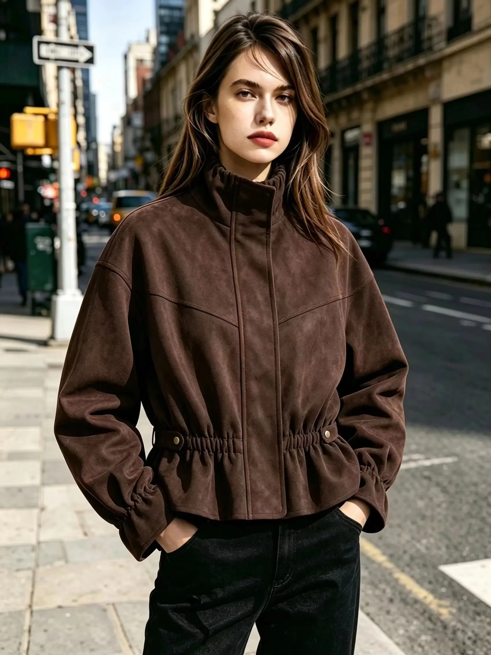Women Faux Suede Short Jacket Ruffle High Neck Drawstring Waist Loose Long Sleeve Casual Streetwear Winter Autumn Fashion Brand