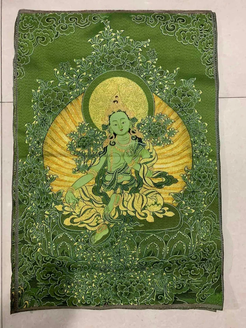 Chinese Exquisite Thangka Embroidery Green Tara Bodhisattva Hanging Painting Silk Cloth Painting Decorative Painting Mural
