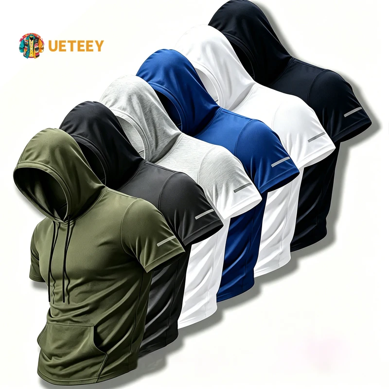 Men's Hooded T-Shirt Short Sleeve Quick Dry Breathable Lightweight Summer Loose Solid Color Sports Fitness Gym Casual Tee Shirt