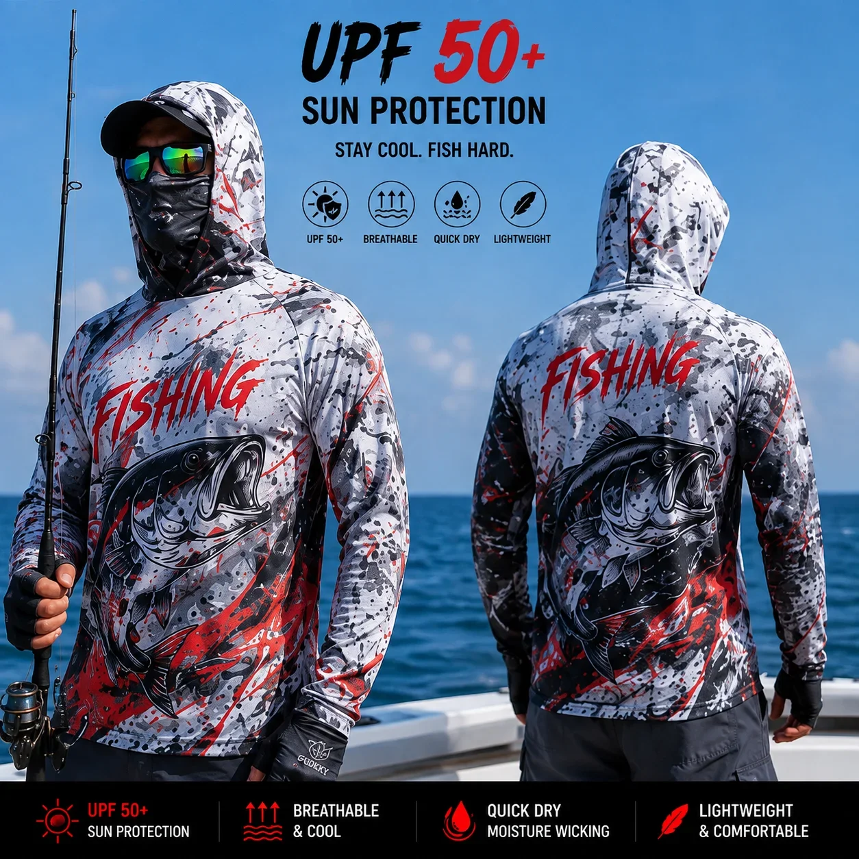 Herren-Angelhoodie mit UPF50+ Sonnenschutz, Maskenmuster, langärmelig, schnelltrocknend, atmungsaktiv, leicht, für das Angeln auf hoher See. – Detail 7