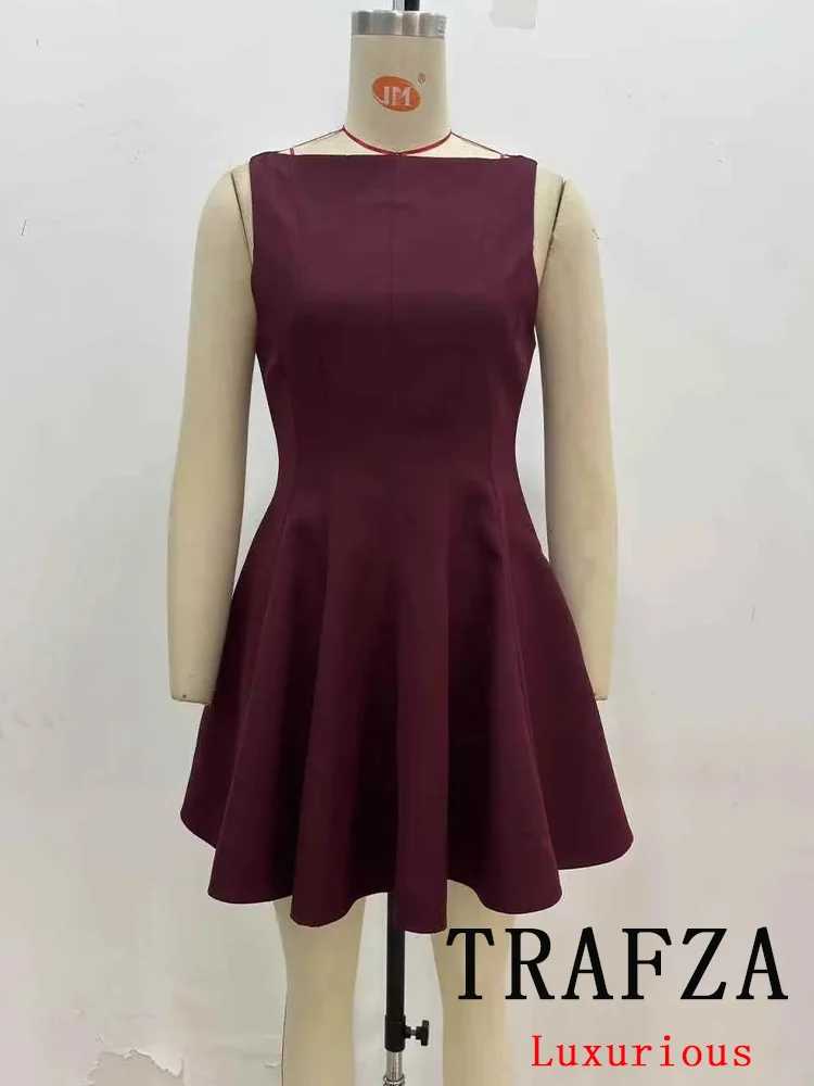 TRAFZA Vintage Casual Chic  Women Dress Solid Sleeveless O-Neck Zipper Mini Dress New Fashion 2024 Autumn Winter Female Dress