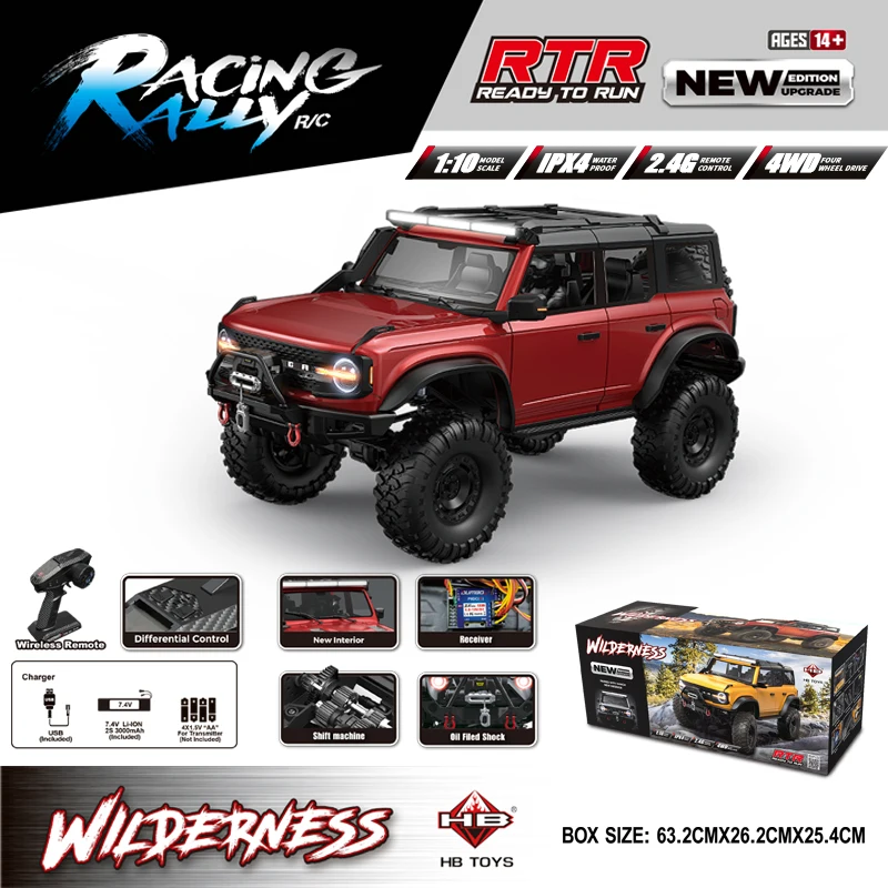 HB RC Cars R1001-2 Jeep Wrangler 4WD Off-Road Vehicle 1:10 Scale Upgraded RC Component Electric Model Children's Christmas Gift