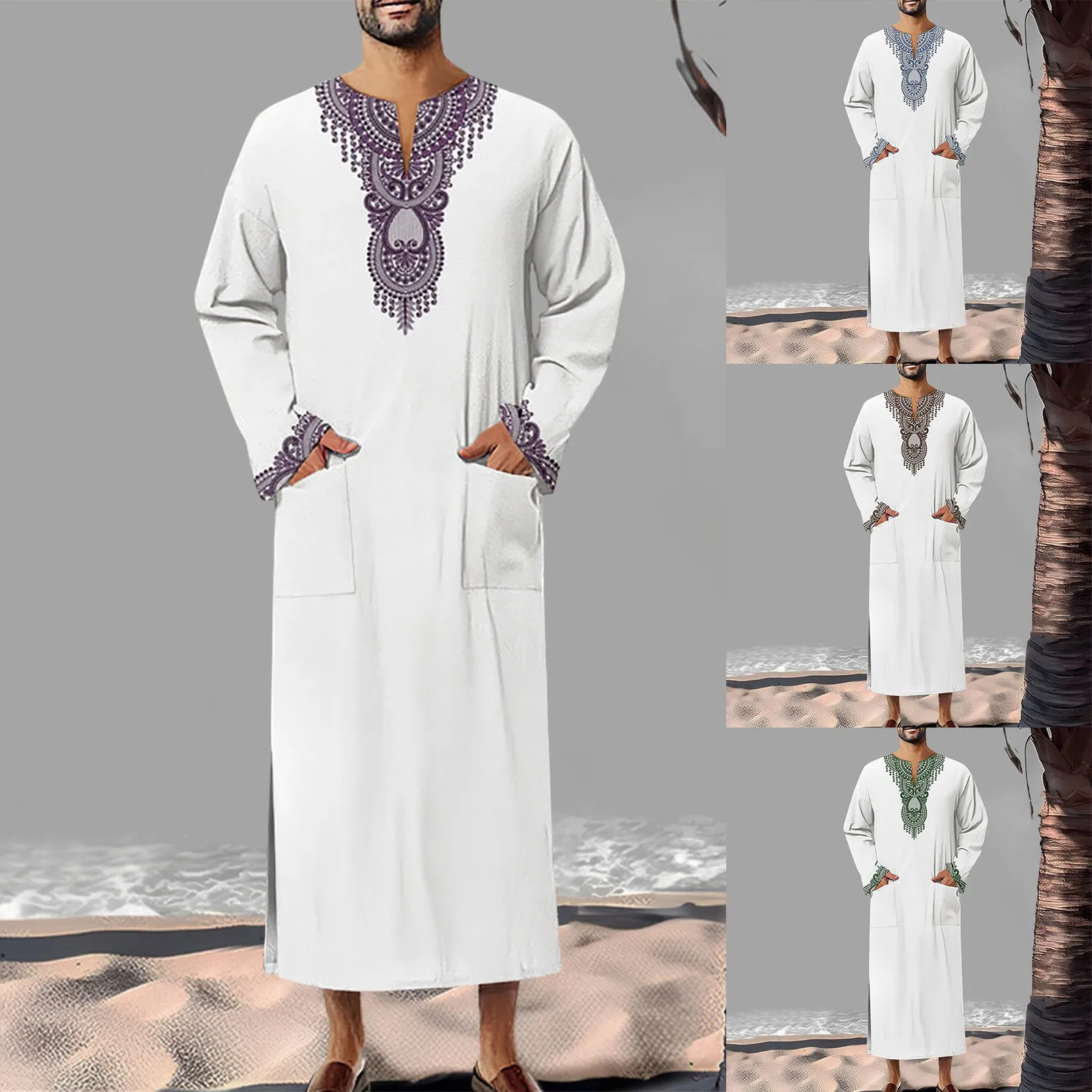 Moslim Mode 2024 Mannen Lange Mouw V-Hals Polyester Print Jubba Thobe Moslim Mannen Kleding Abaya Islamitische Kleding