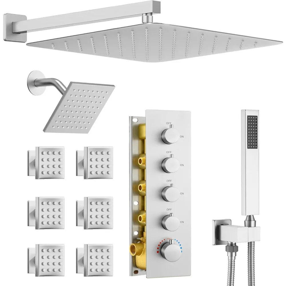 

Luxury Dual Shower System with 6 Body Sprays, 6-Inch and 16-Inch Showerheads in Brushed Nickel Finish