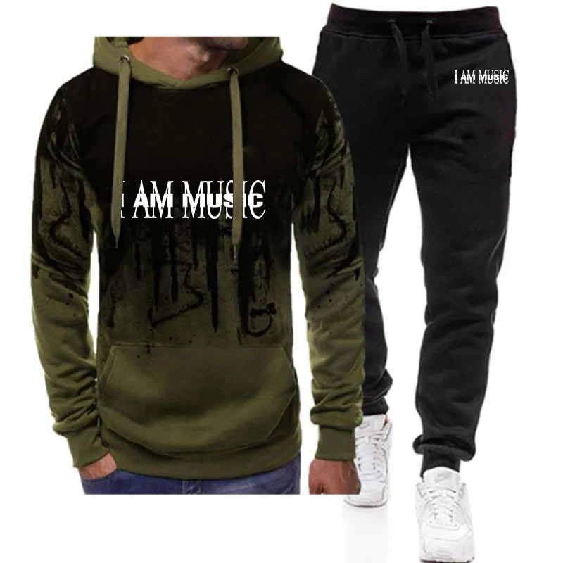 

2025 Spring And Autumn I AM MUSIC Printing Men's New Gradient Color Set Hoodie + Casual Sweatpant Two-piece Suit