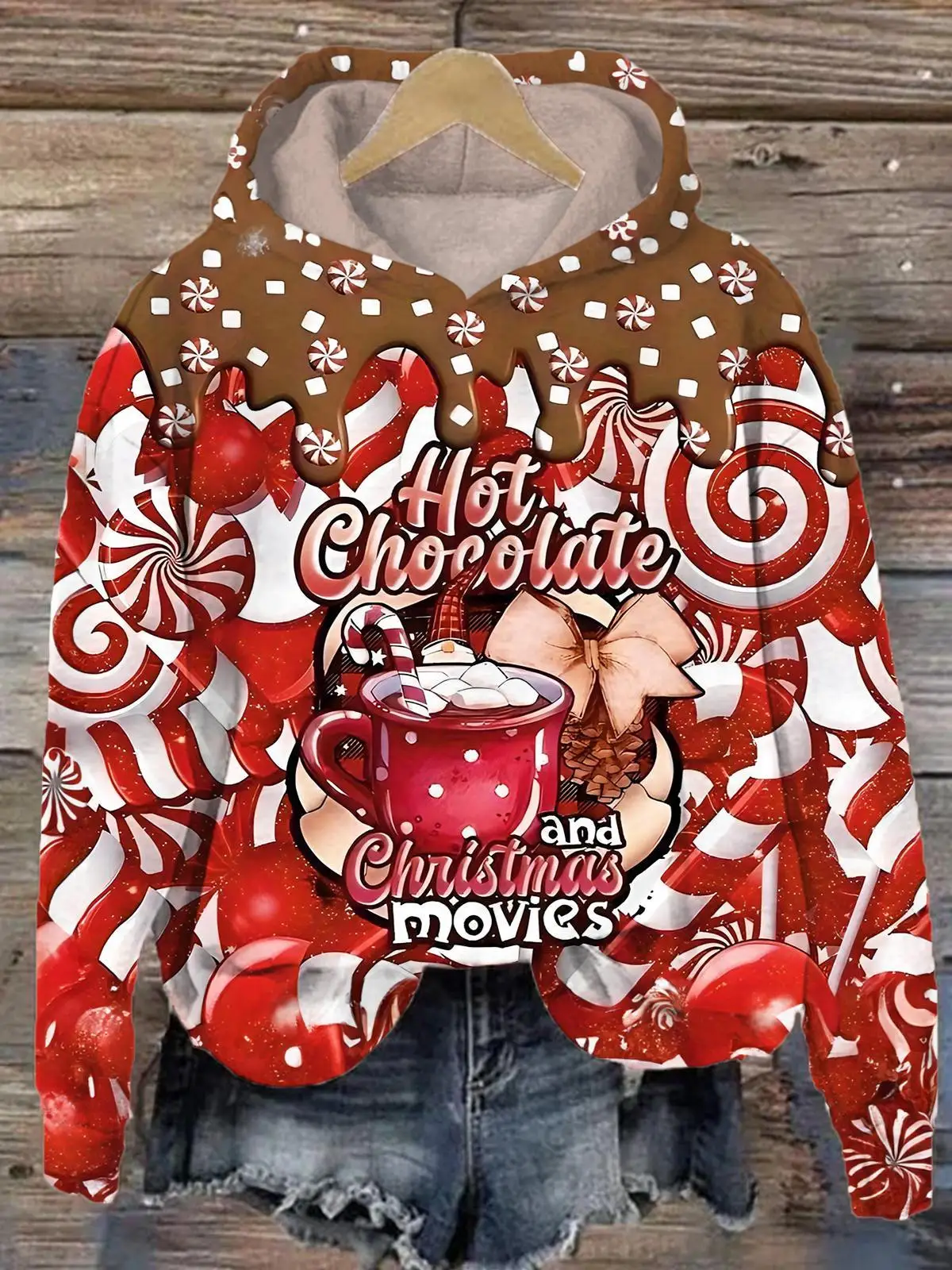 Women\'s 3D Christmas Angora Red Printed Long Sleeve Loose Hooded Sweatshirt 2024 Santa Claus Ladies Casual Long Sleeve Pullover