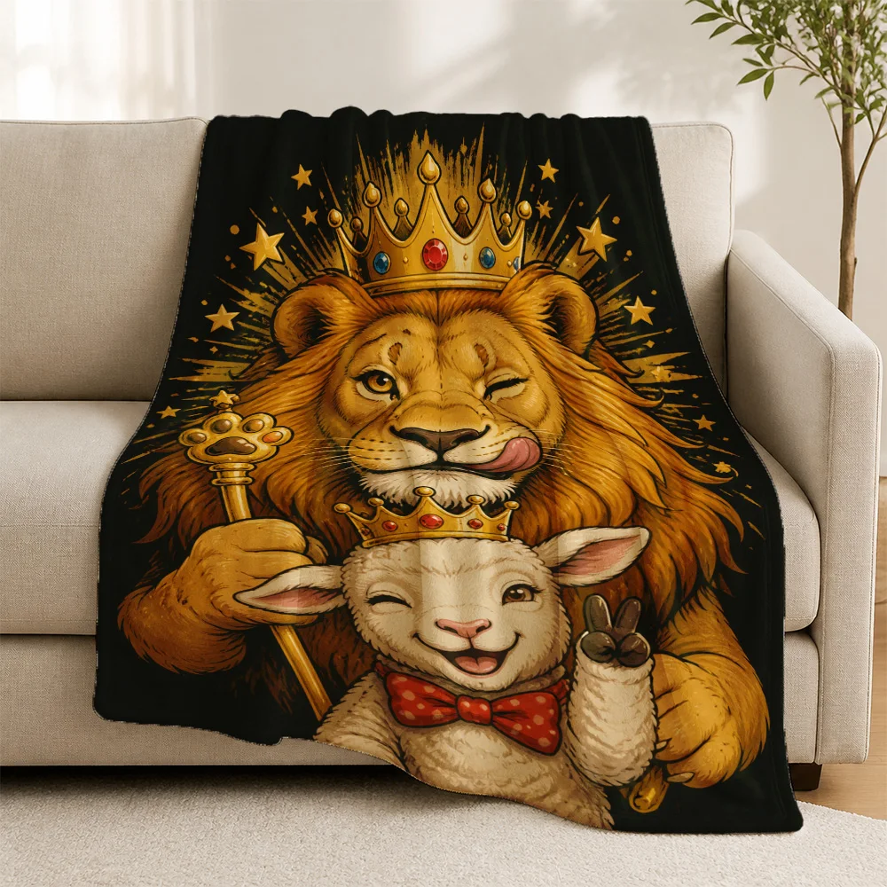 Plush Throw Blanket Lion Lamb Duo King Royalty Sofa Cover Cute Tropical Jungle Animal Cartoon Fleece Home Decor Gift Bedding