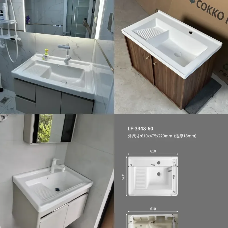 For 48/50cm Wide Ceramic Integrated Basin with Washboard Single Bathroom Sink Deep Outdoor Balcony Hand Washing Bowl