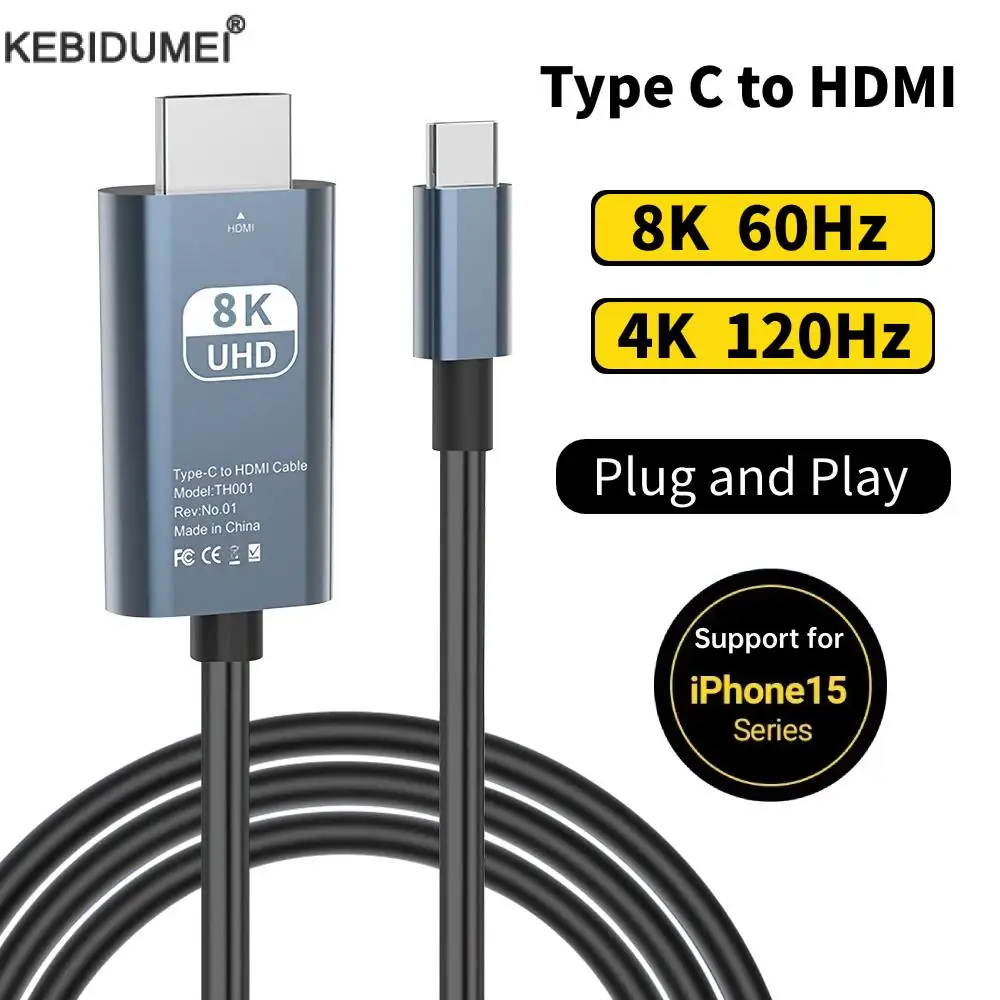 USB C to HDMI Cable 8K 4K Type C to HDMI 2.1 Thunderbolt 3 4 to 8K 60Hz 4K120Hz for iPhone 15 MacBook Huawei Mate30