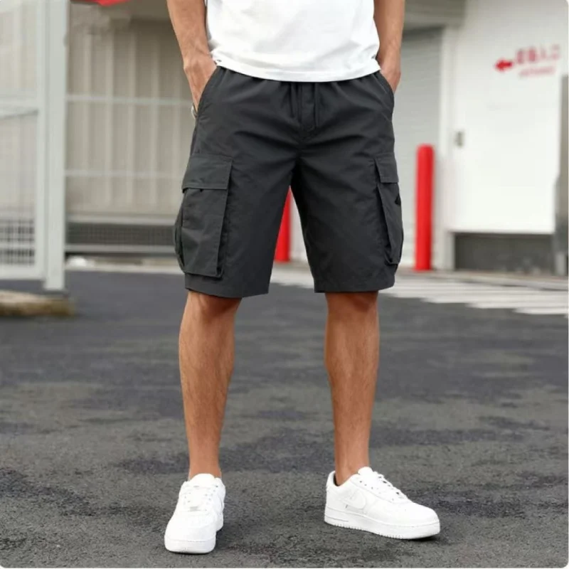 2026 Summer Men Loose Straight Pants Casual Multi-Pocket Shorts Pure Color Fashion Men Shorts Drawstring Daily Cargo Short Pants gallery 5