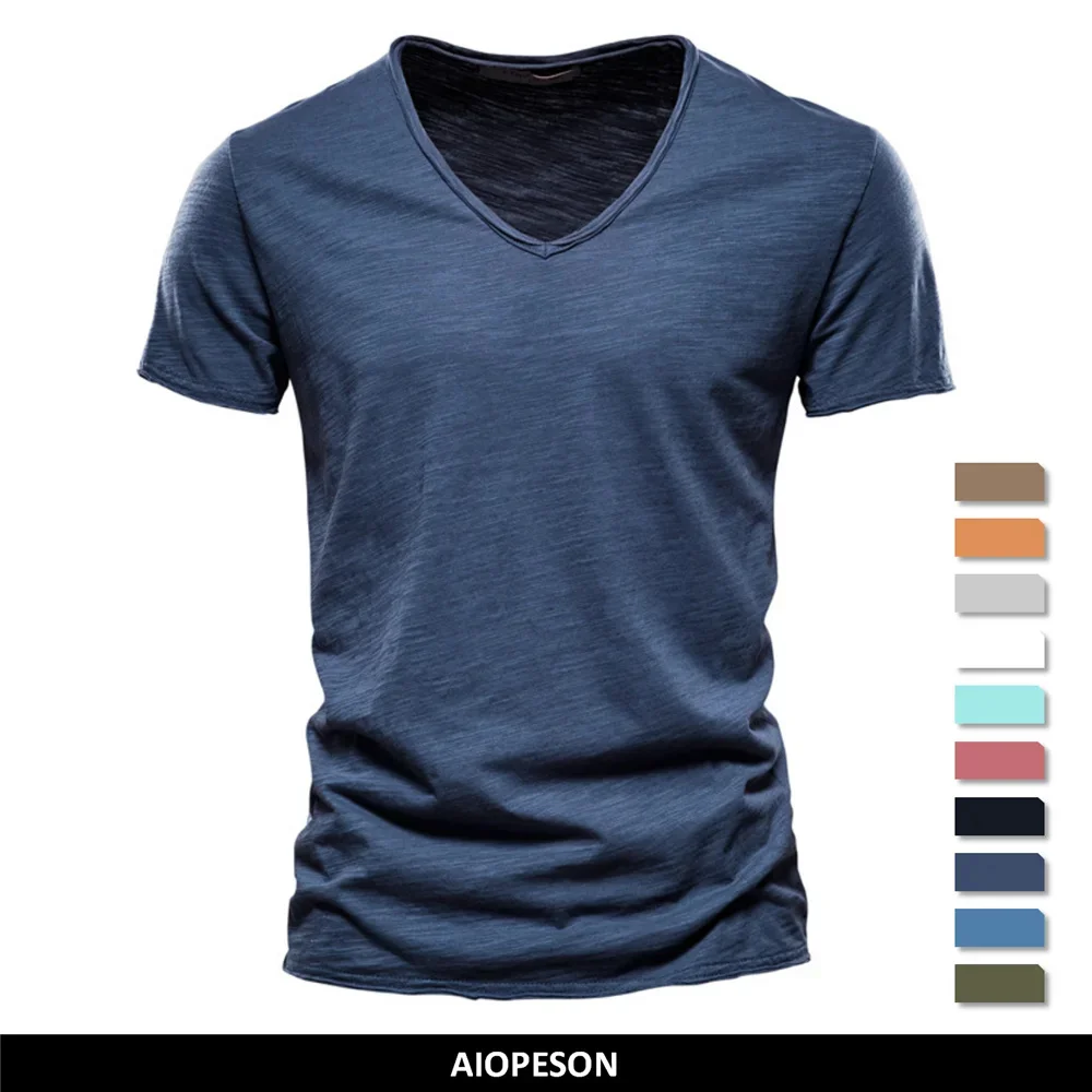 

100% Cotton Men T-shirt V-neck Fashion Design Slim Fit Soild Male Tops Tees Short Sleeve