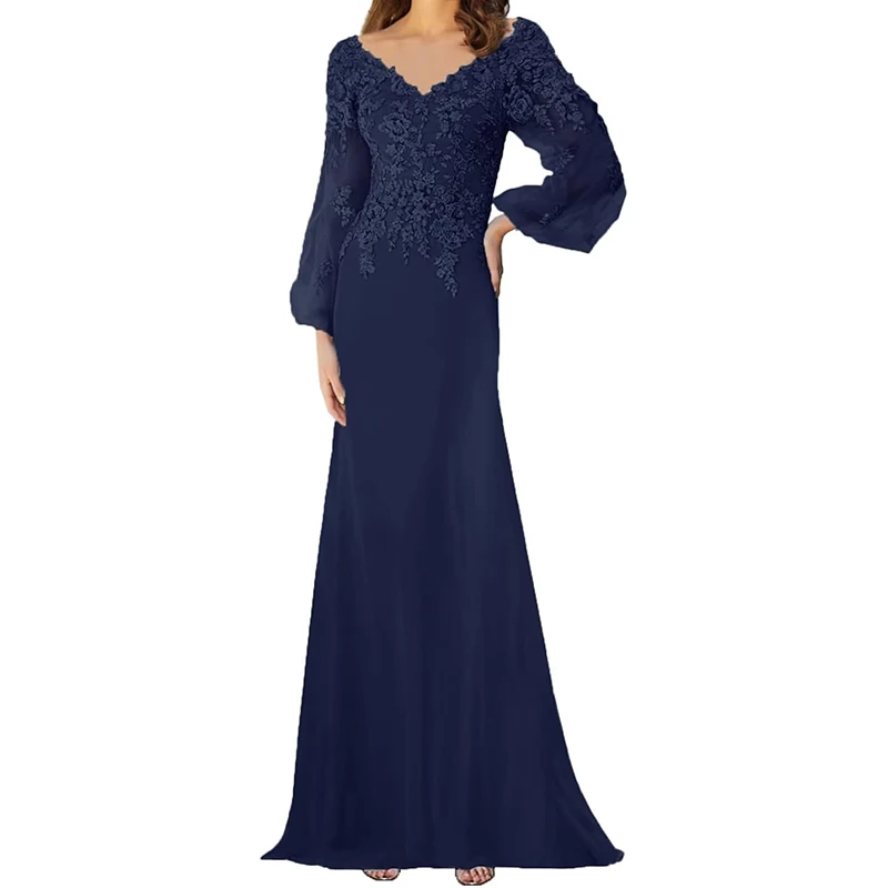 

Mother of The Bride Dresses Long Sleeves Formal Evening Gowns Laces Appliques Wedding Party V-Neck Prom Dress