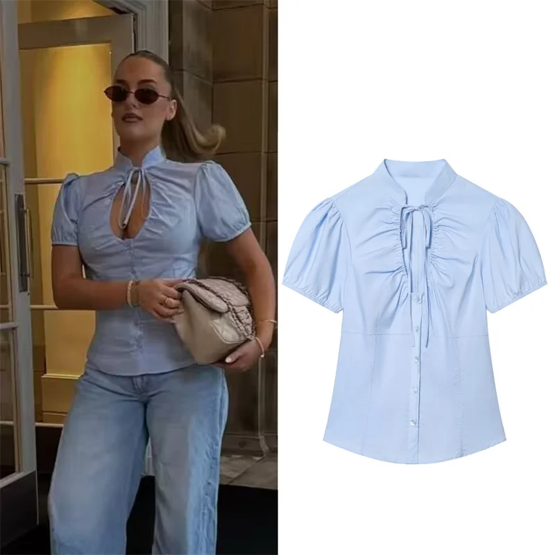 

Women's Shirt 2026 summer New Style Blue Short Sleeve Bow Decorated Sexy Hollowed Out Poplin Shirt Casual Fashion Unique