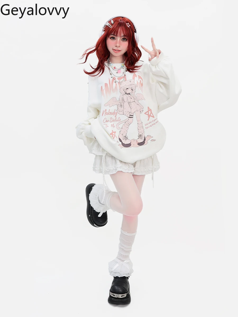 Spring and Autumn New Loose Cool Y2K Mid-length Sweatshirt Sweet Girls Versatile Hoodies Off-Shoulder Street Punk Pullover