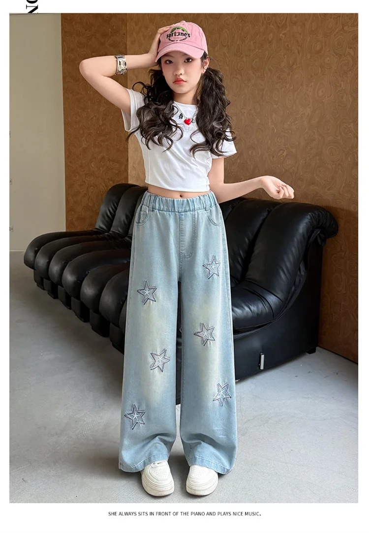 Jeans für Teenager-Mädchen mit Stern-Stickerei, Sommerliche Casual-Mode, Kinder-Jeans mit weitem Bein, Dünne Leichte Schulhosen aus Denim – Detail 6