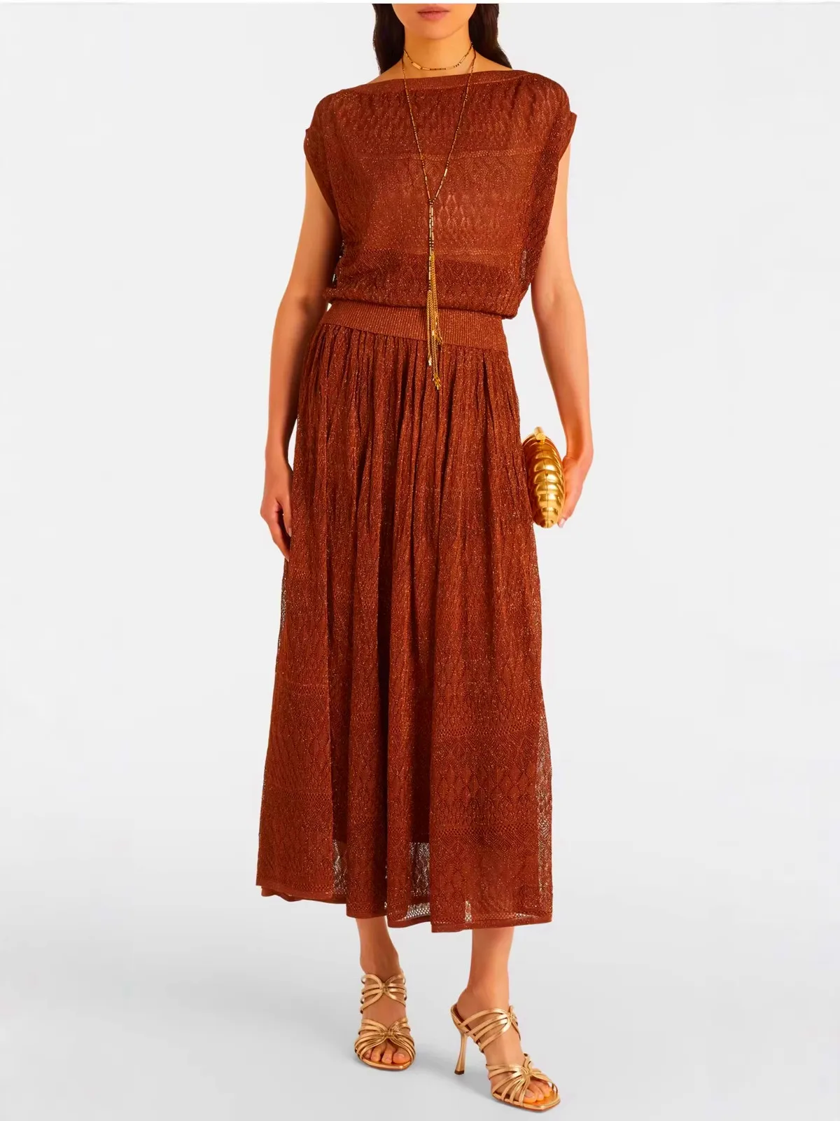 

High-End Version Lace Detail Knitted Top Sleeveless Heavy Weave Shiny Thread Mid-Length Skirt Set for Women Spring Fashion