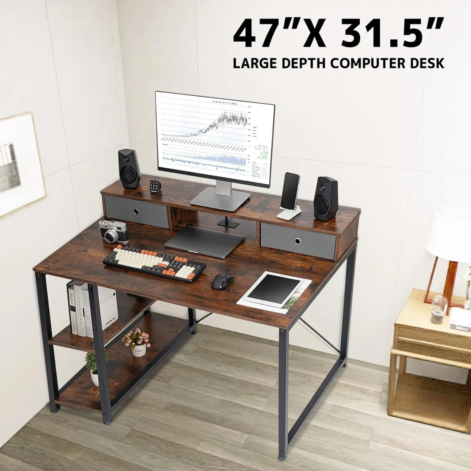 US 47”x 31.5” Computer Desk with Drawers, Monitor Stand, Storage Shelf, 3-Port Charging Station (BAMBOO)