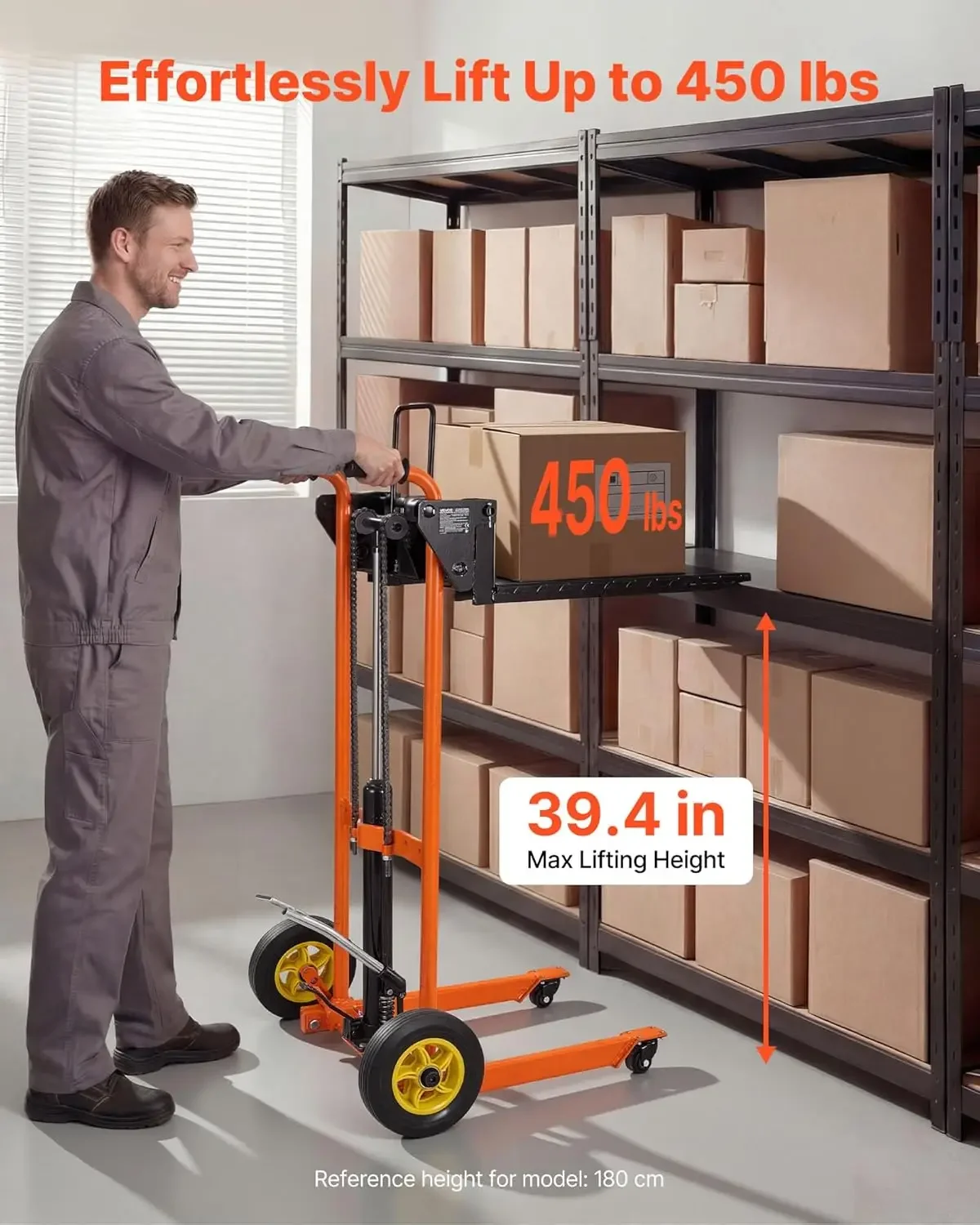 Hydraulic Material Lift Winch Stacker, 450 lbs Load Capacity, 39.4'' Max Lifting Height, Pallet Truck Dolly with Fork Lift Table