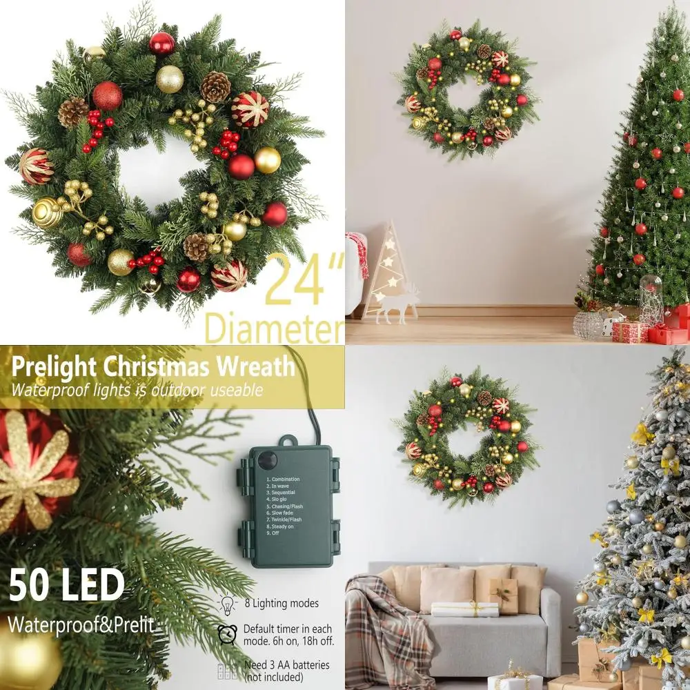

24 искусственных рождественских венок с предварительной подсветкой и 50 лампами, красные и золотые шарики, сосновые шишки для декора дверей и стен