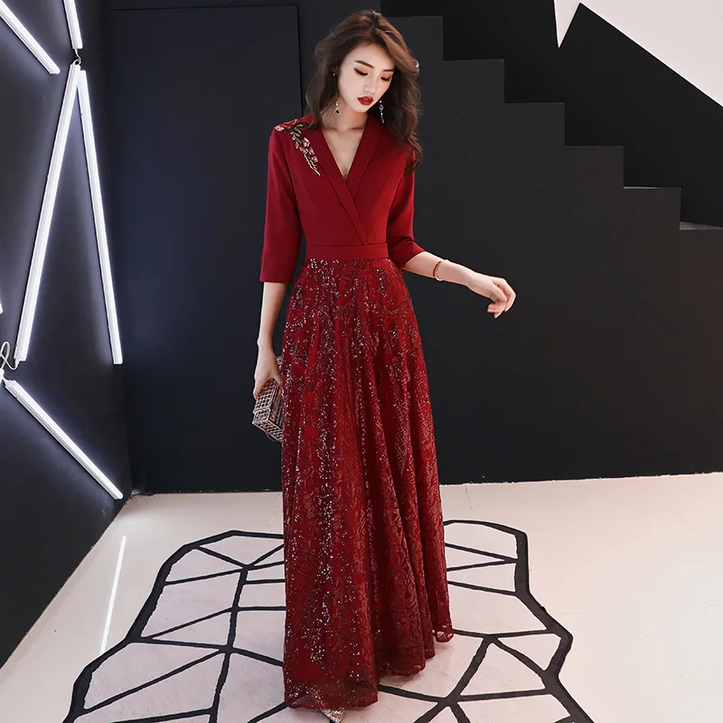 plus Size Red Evening Gown Wedding Reception Dr Ele Slimming A-Line Skirt Cotton Fabric V-Ne Long Sve Women