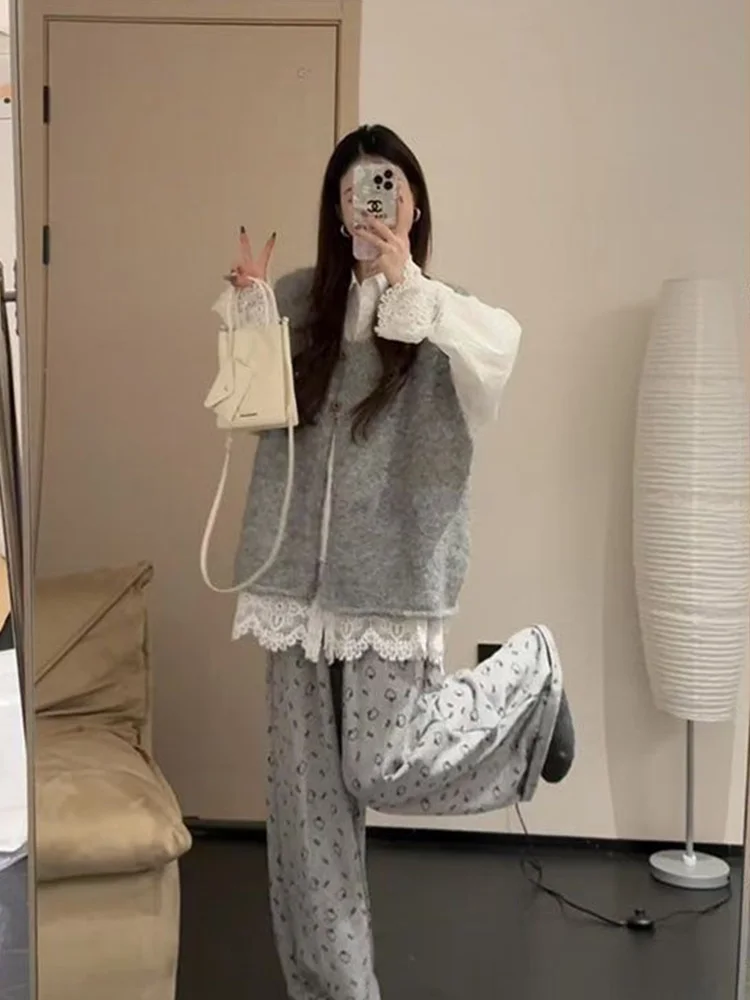 

Korean Sle Casual Lace irt White Pants ey Vest Tee-Piece Set Spring Autumn Faion Women's Clothing Ensemble