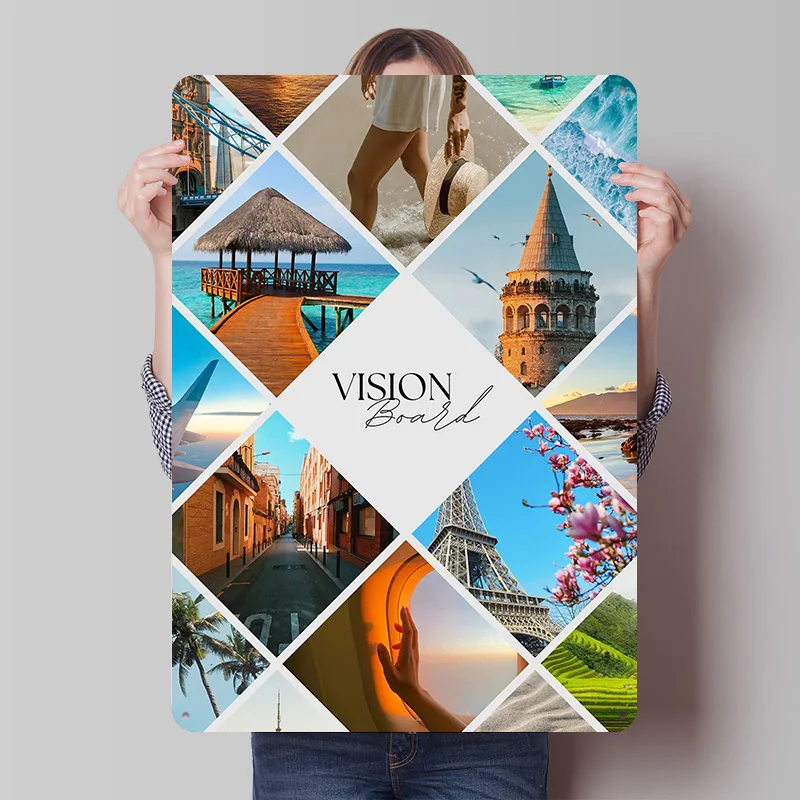 Travel Vision Board Collage Printed Poster Customized Retro Wall Art Vintage Metal Tin Signs for Home Bedroom Decoration Gaming