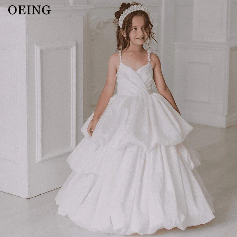 

OEING Elegant Beige A-Line Flower Girl Dress Tiered Satin Pearls Spaghetti Strap Wedding Party Dress Birthday Dress Customized