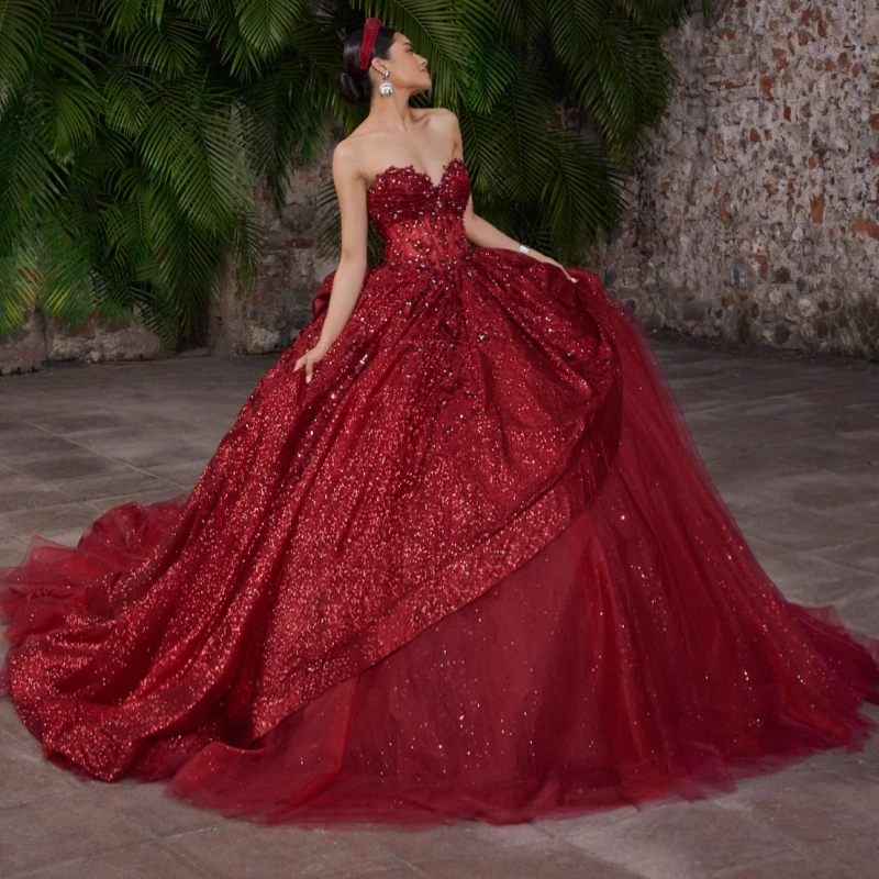 

Red Shiny Quinceanera Dresses Ball Gown Off The Shoulder Applique Lace Beads Bow Tull Party Birthday Sweet 16 Dress Vestidos 15
