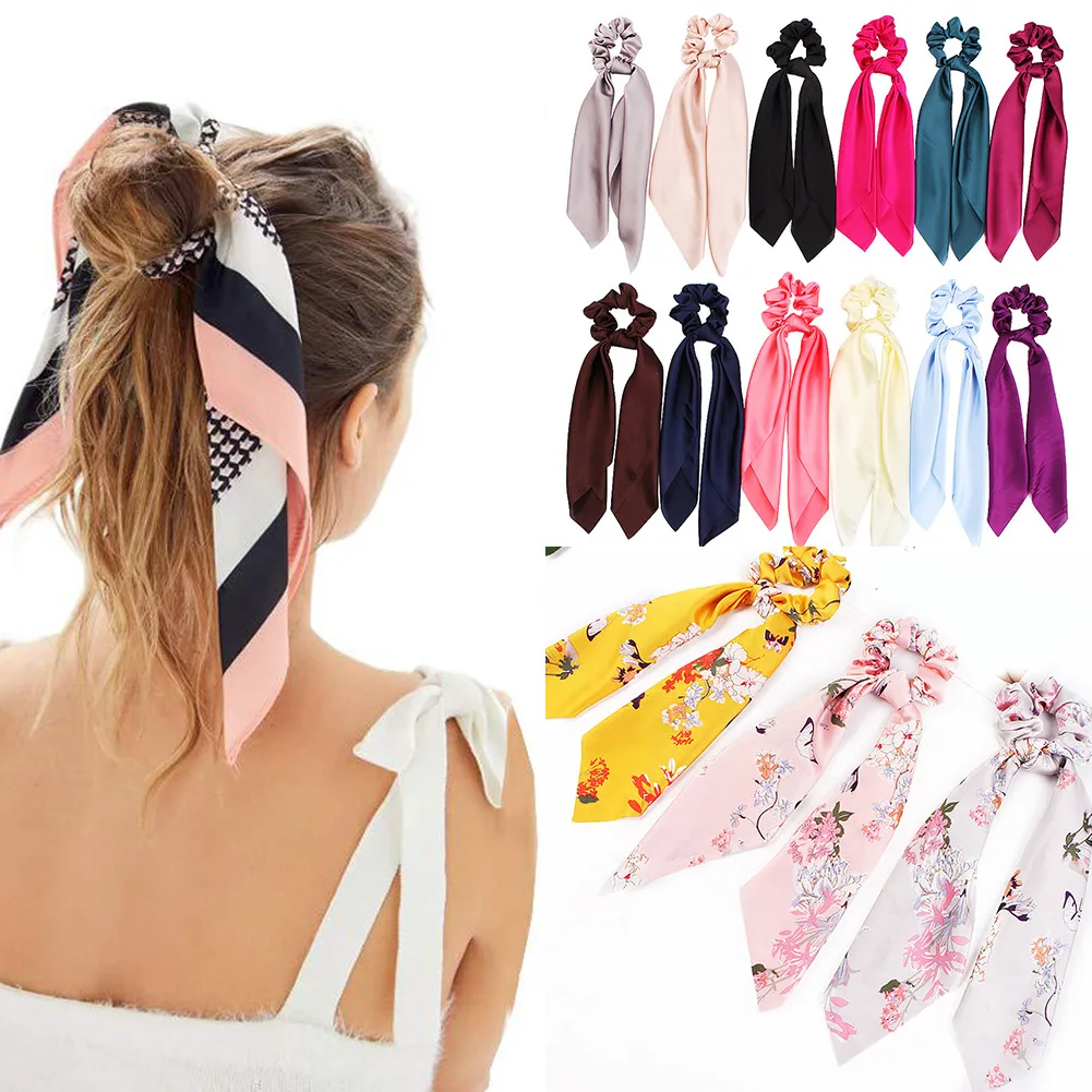 

DIY Solid/Floral Print Bow Satin Long Ribbon Ponytail Scarf Hair Tie Scrunchies Women Girls Elastic Hair Bands Hair Accessories