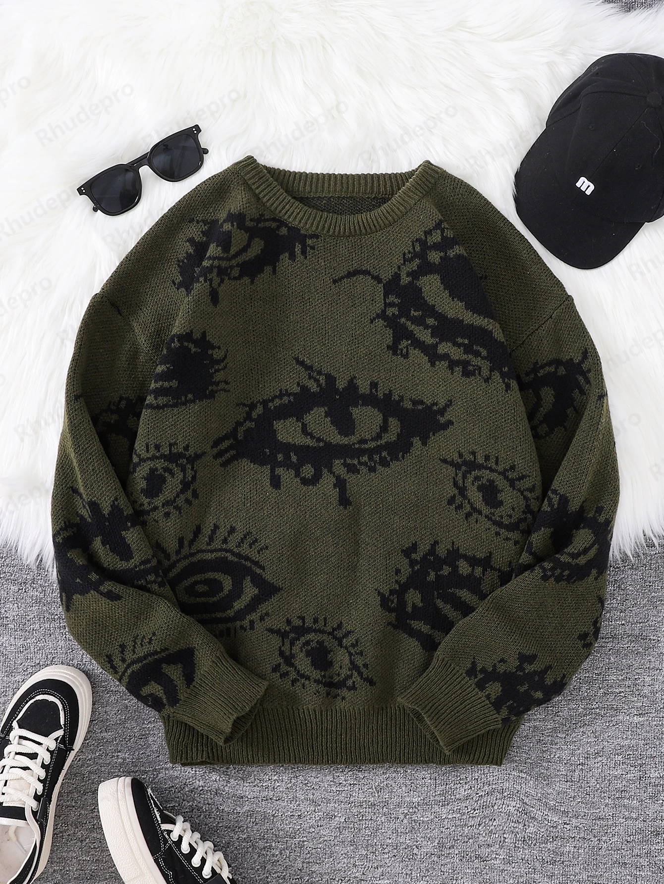 New Popular Autumn And Winter Abstract Eye Jacquard Pattern Pullover Sweater Casual Round Neck Knitted Men's Pullover