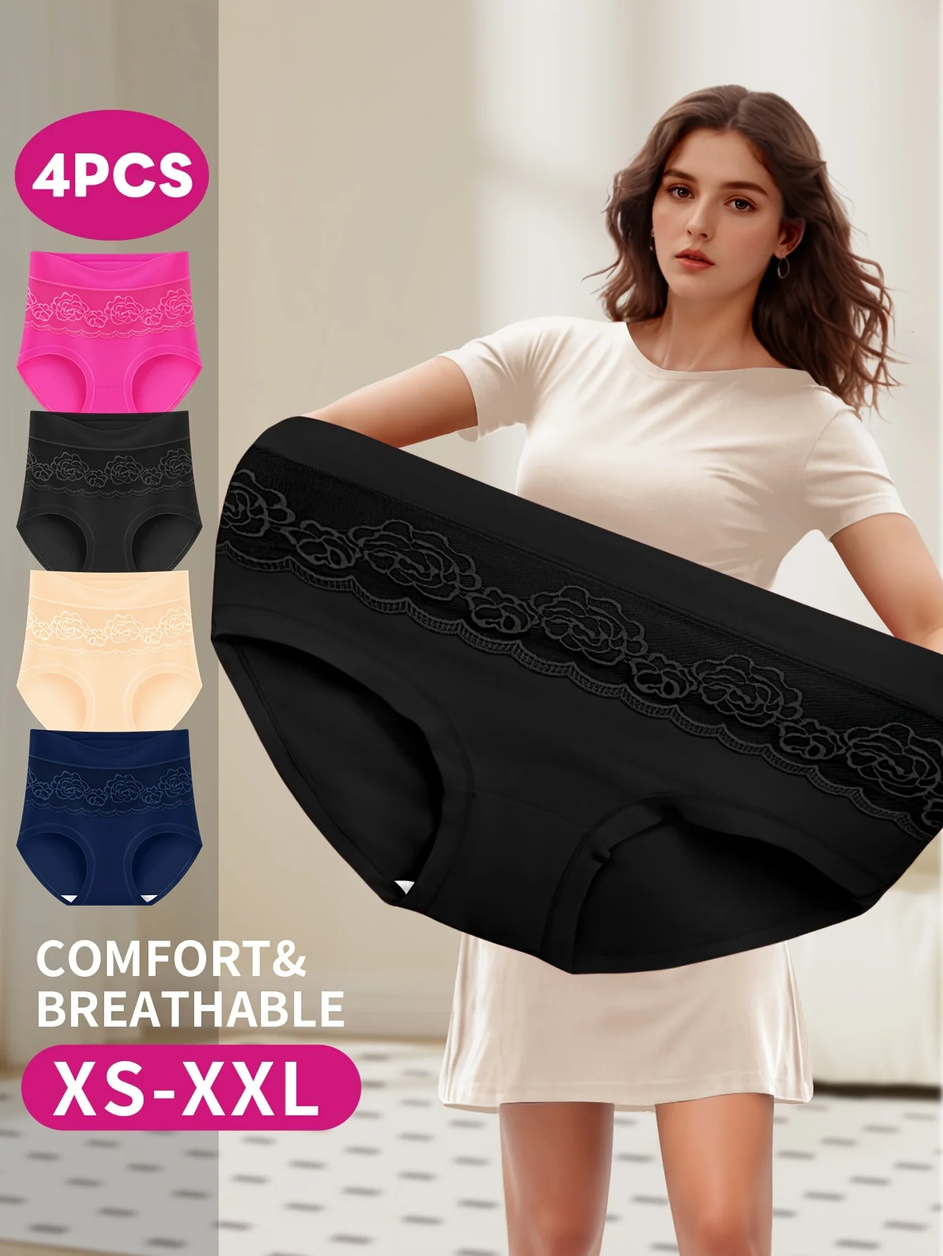 

4-Pack of High Waisted Belly-Controlling Women's Underwear, Briefs with Rose Pattern Mesh, Breathable, Close-Fitting and Comfort