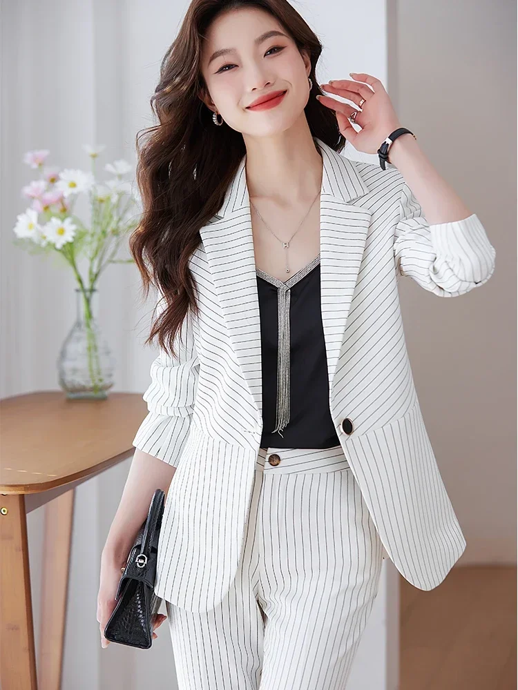 Women's Pant Suit Ladies Black Blue White Stripe Blazer Jacket and Trouser Female Work Wear Formal 2 Piece Set For Autumn Winter