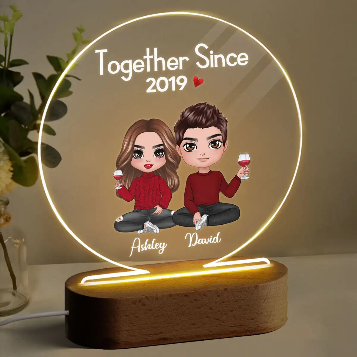 Doll Couple Sitting Valentine Anniversary Gift For Him Gift For Her Personalized Circle Acrylic Plaque LED Lamp Night Light