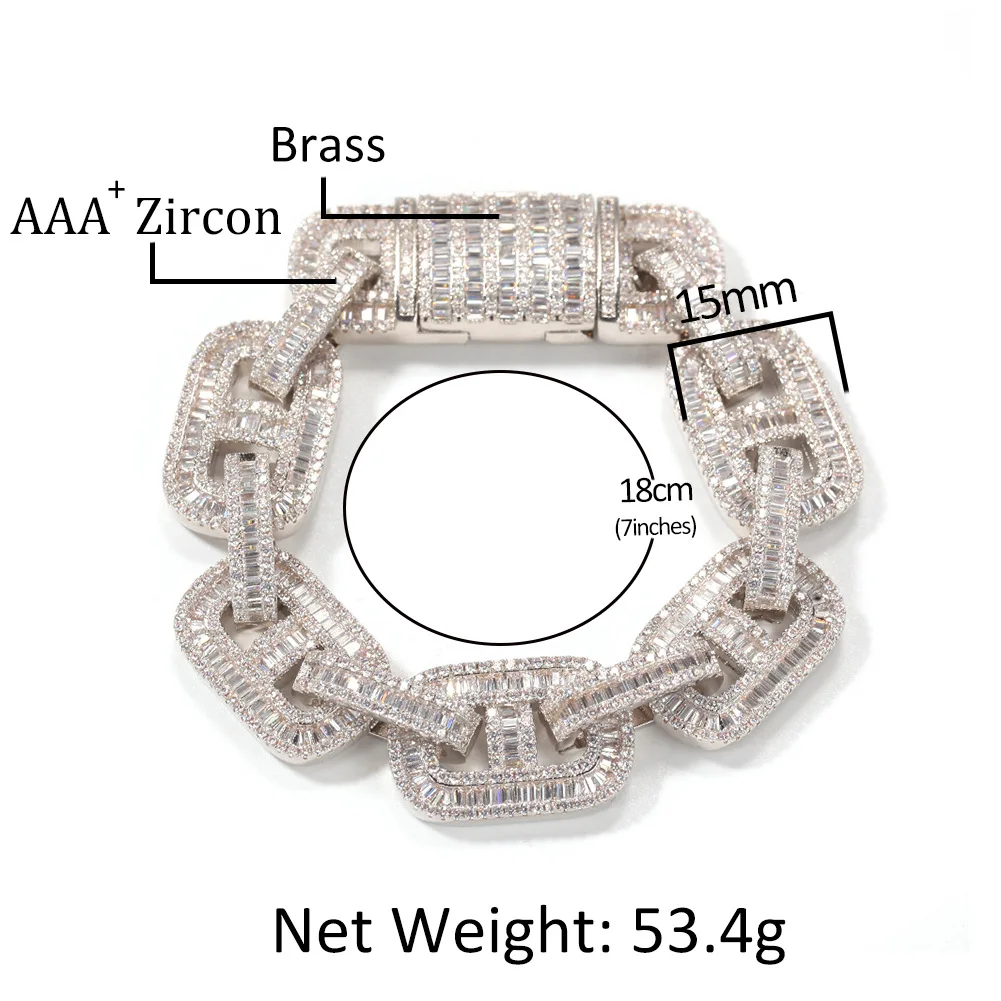 Hip Hop Zircon Pig Nose Cuban Chain Bracelet 15mm New Design INS Men's Bracelet Women Unisex Versatile Handpiece