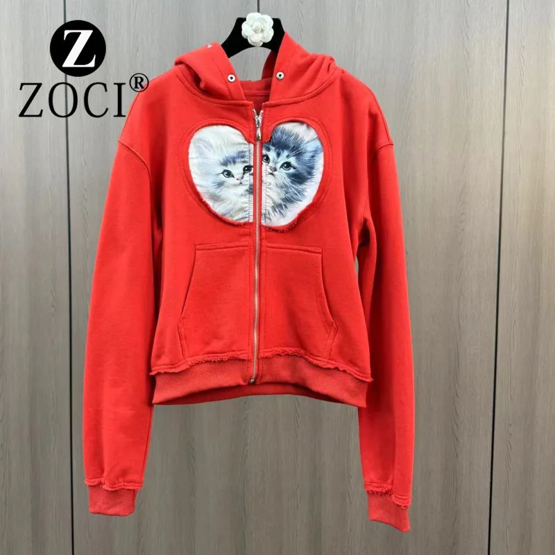 [ZOCI] Autumn Winter Season Hooded Long Sleeved Love Cat Label Pattern Pocket Anti-aging College Style Hoodie Cardigan