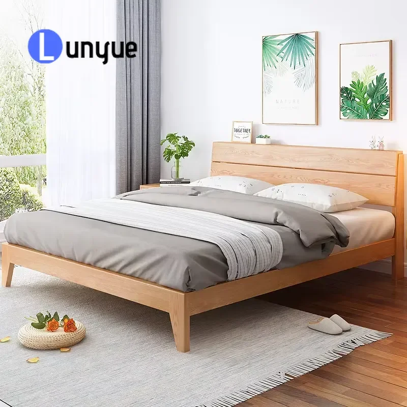 White Oak Solid Wood Bed Nordic Modern Simple Double Bed 1.5m 1.8m Bedroom Furniture Sturdy Frame Minimalist Design Home
