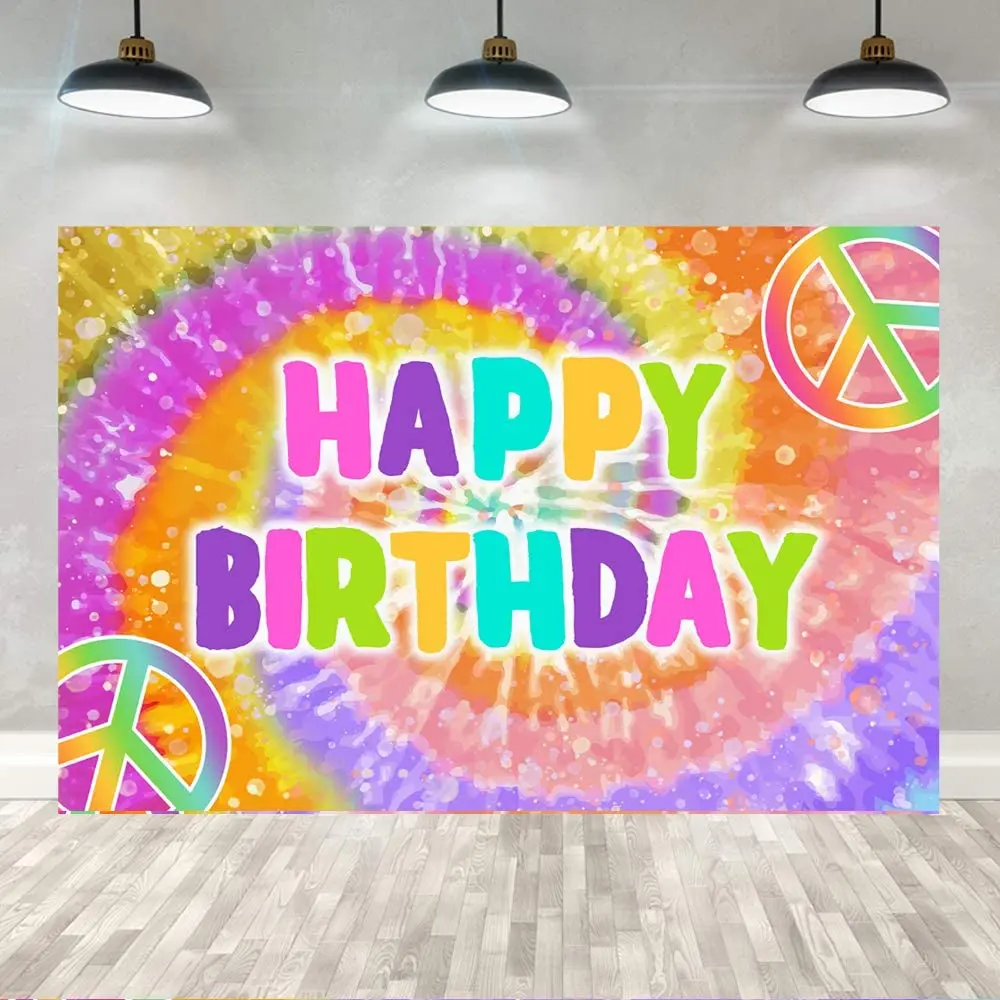 

Tie Dye Girls Children Happy Birthday Photography Backdrop Colorful Rainbow Hippie 60’s Theme Banner Decoration Background