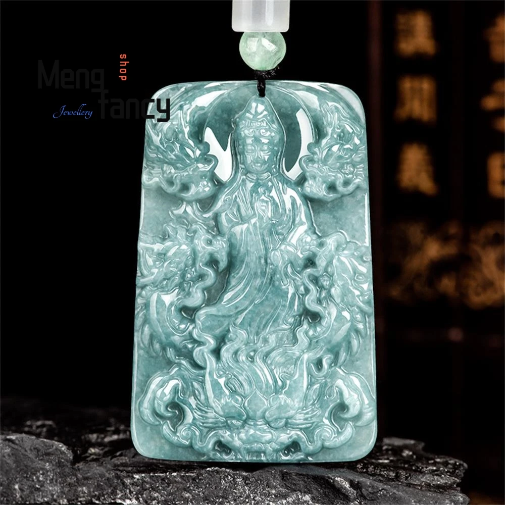 

Natural A-goods Jadeite Blue Water Divine Dragon Goddess of Mercy Dragon Plate Ice Jade Pendant High-grade Fashion Charm Jewelry