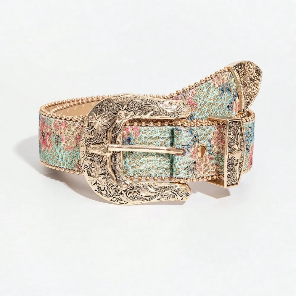 1 Piece Women's Retro Luxury Carved Bull Head Star Metal Buckle Light Green Flower Print Bead Edge PU Belt