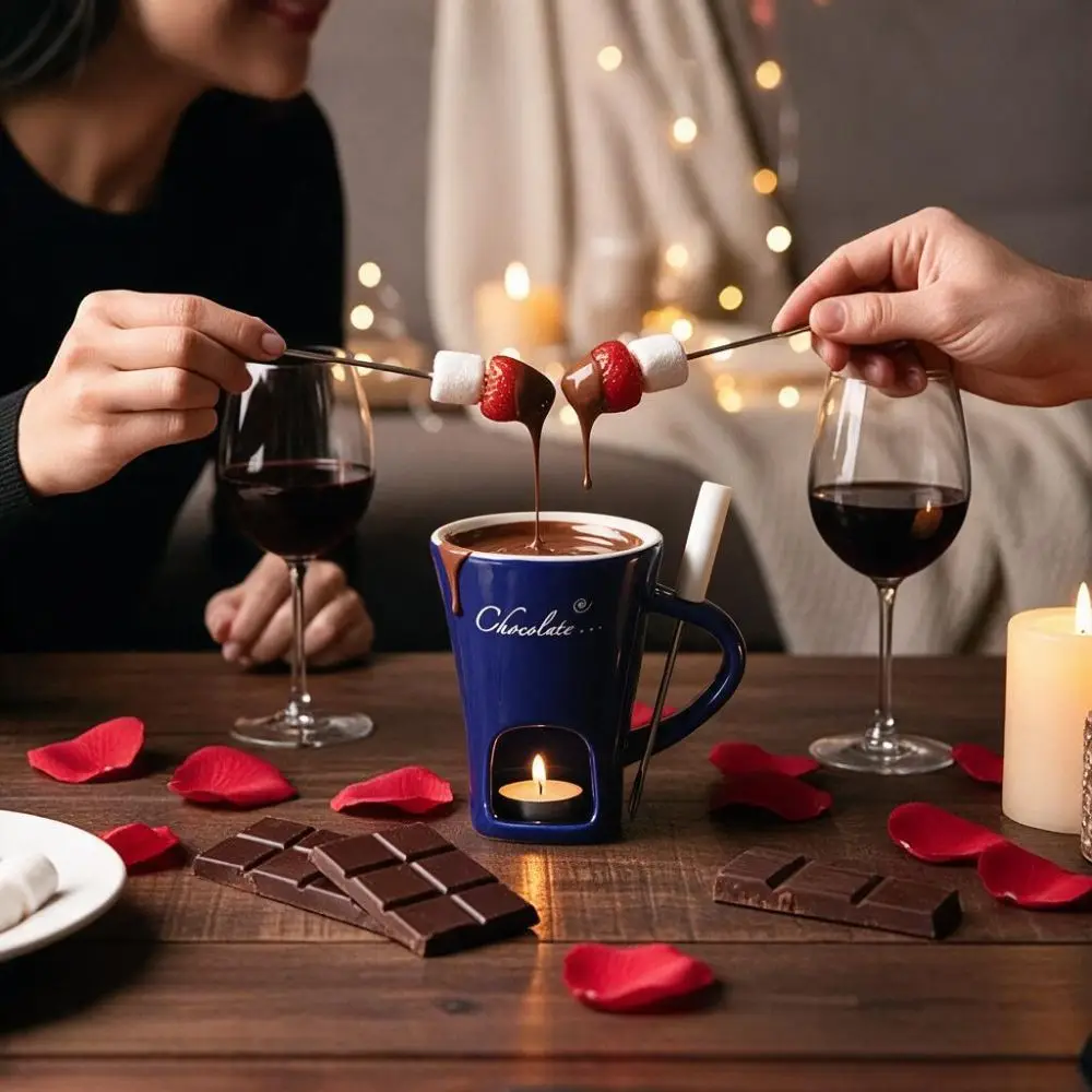 Ceramic Chocolate Fondue Mug With Fork Smooth Surface Tea Light Chocolate Melting Cup Heat-resistant Mini Dessert Hot Pot Cup