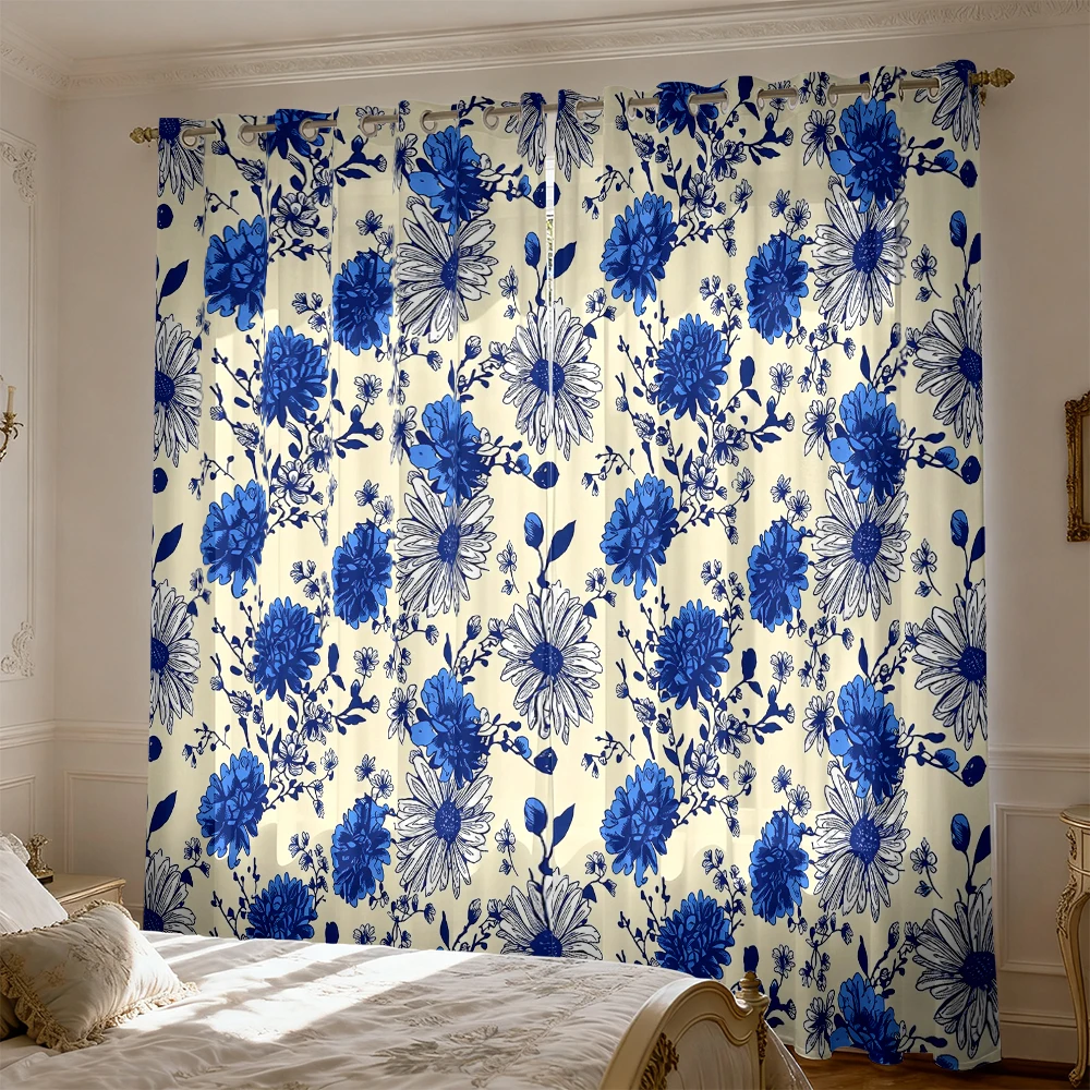 2PCS Retro Blue White Hand-Painted Floral Blackout Curtains for Living Room Bedroom, Decorative Window Drapes