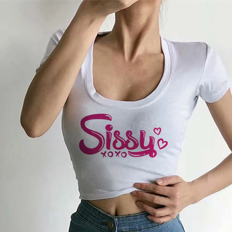 Mistress's Sissy Women Harajuku V-Neck TShirt BDSM Girl Graphic Tee Female Y2K Streetwear Summer Crop Tops T Shirt Fuuny Clothes